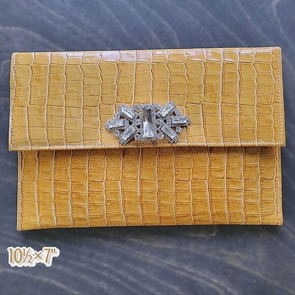 Vtg croc embossed leather yellow tan oversized rhinestone clutch bag - Picture 1 of 14